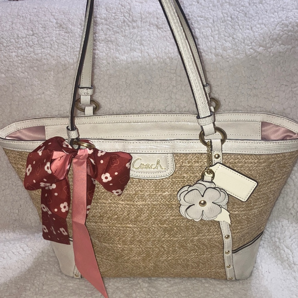 Coach Alexandra Straw python leather trimmed Tote… - image 2